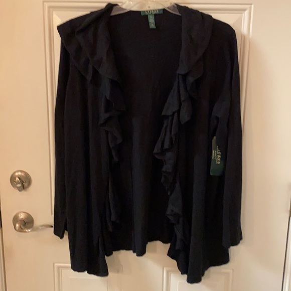 Lauren Ralph Lauren Sweaters - Lauren Ralph Lauren Open Ruffled Cardigan Sweater, Black, 2X, DRY CLEAN ONLY